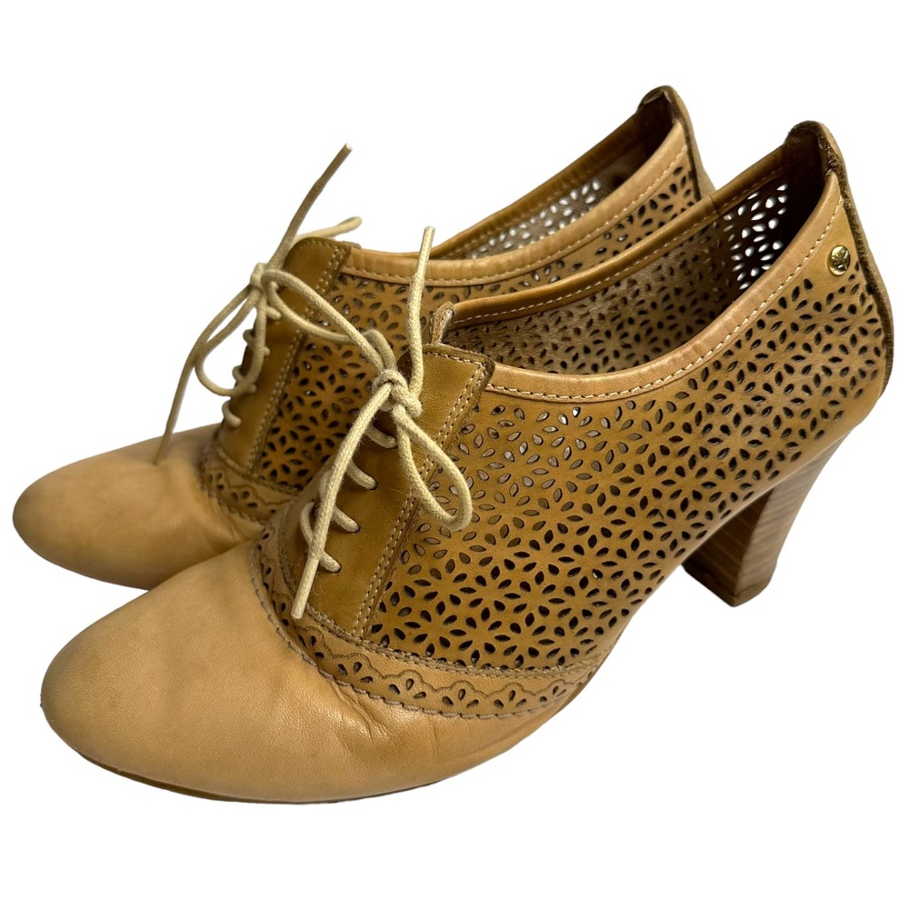 Pikolinos Tan Leather Perforated High Heel Oxford Pump Lace Up Shoes Size 8/39